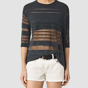 All Saints Sheer Jumper WK162J Asymmetrical Mesh Stripe Sz Small